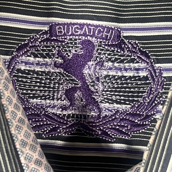 Bugatchi Uomo Mens Shaped Fit Button Down Shirt Black Purple Striped Long Sleeve - Picture 8 of 16